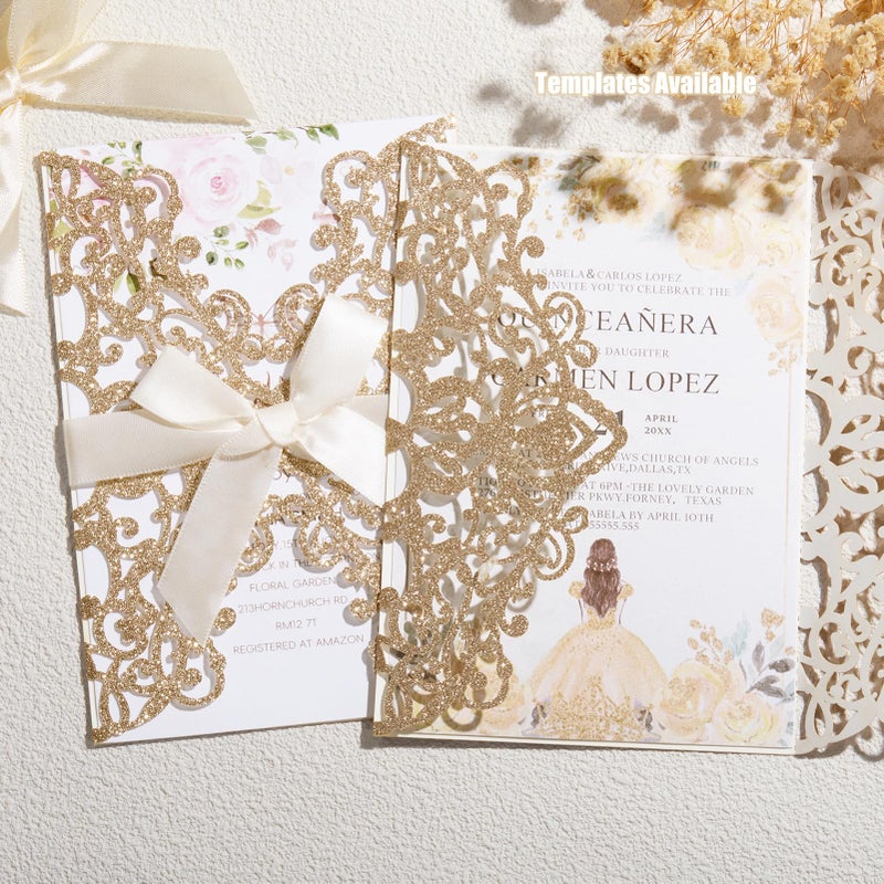 AdasBridal 50Pcs Glitter Floral Laser Cut Wedding Invitation Cards with Envelope Blank Inner Sheet and Ribbon for Wedding Engagement Bridal Shower Party Invite(7.09 X 4.92inch, Rose Gold) - Image 3
